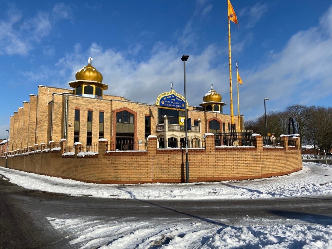 Snowy Sikh temple in Derby