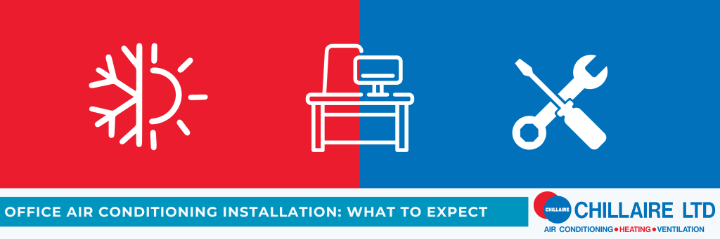 Red and Blue infographic for top of article titled 'Office Air Conditioning Installation: What to Expect'