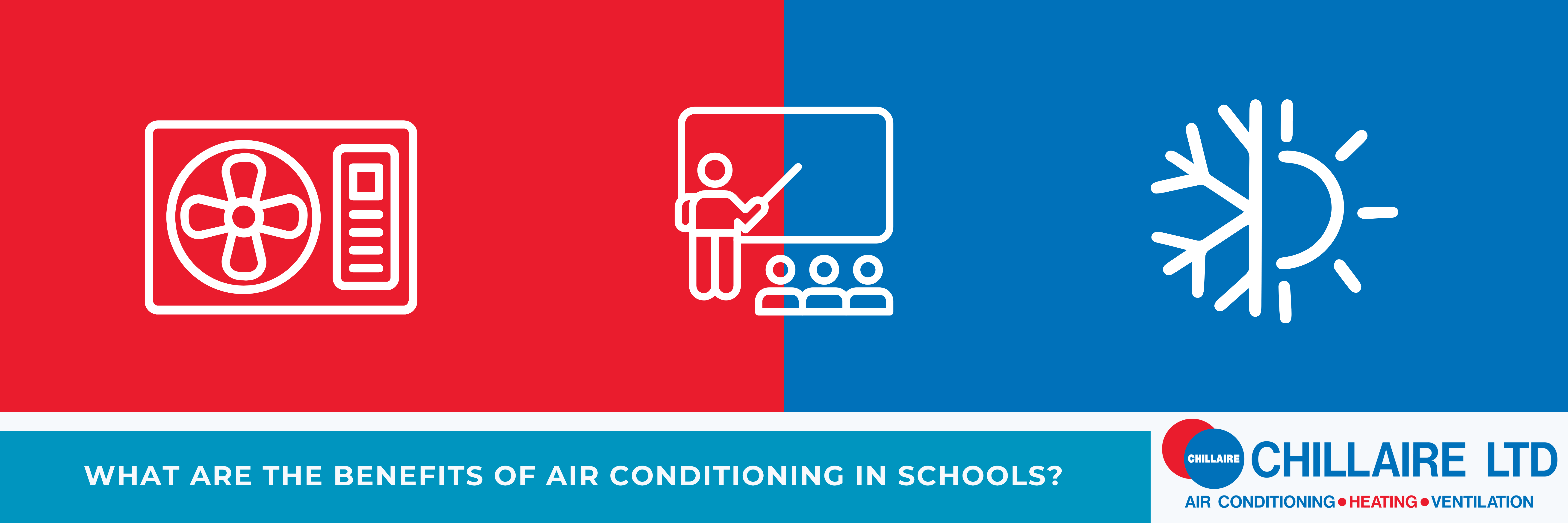 Red and Blue infographic for top of article titled 'What Are the Benefits of Air Conditioning in Schools'